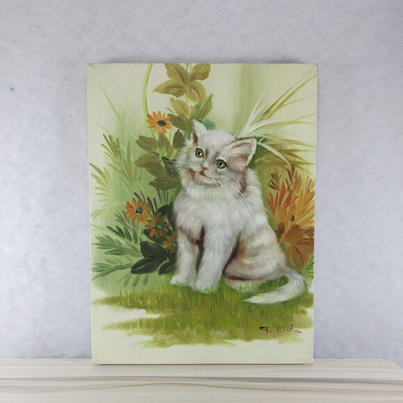 Vintage Signed Oil Painting Kitten Cat Mid-Century Modern Avocado Green T Peak - Picture 10 of 10